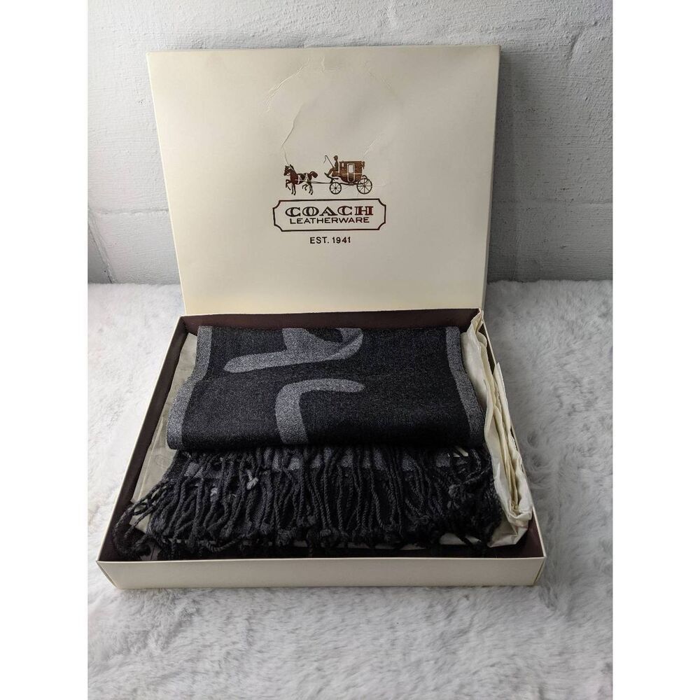 Coach Gray Black 100% Merino Wool Scarf w‎ Fringe